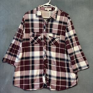 Eden & Olivia 1X Plaid Button Front Tunic Top Burgundy Navy Soft Stretch Country